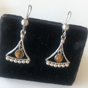 - Vintage Sterling Silver Tiger Eye Stone inlay Mexico Dangle Earrings NOS-b1